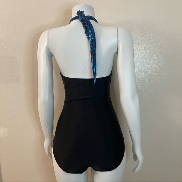 Blue and black halter neck cutout one piece swimsuit - Picture 2 of 12
